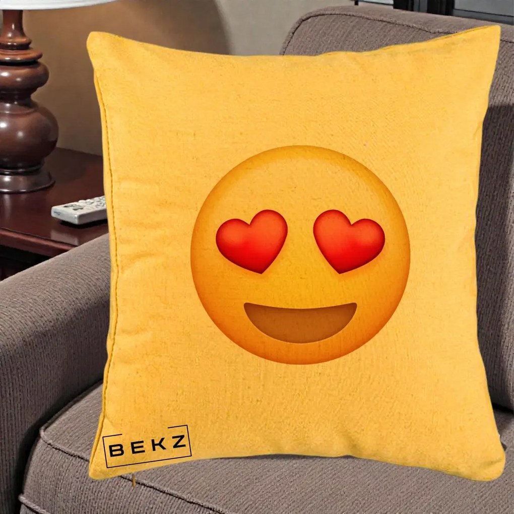 Perna Decorativa Emoji Inimi in Ochi, 40x40 cm, Galben, Husa Detasabila, Perna Inclusa, BEKZ®