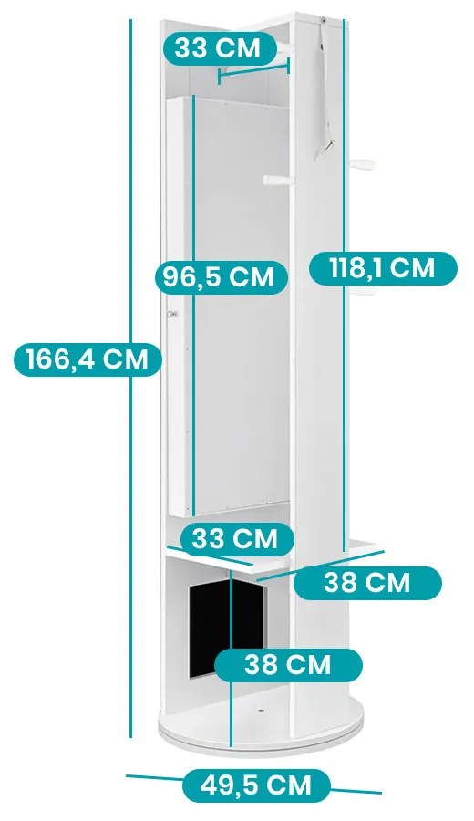 Dulap de bijuterii rotativ cu oglindă întreagă și cuier