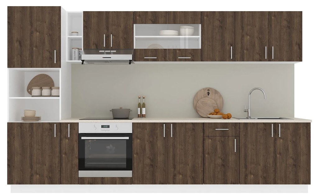 Set Bucatarie Karo V33, Stejar Bronz/Alb, Blat Thermo 28 mm, L 340 cm