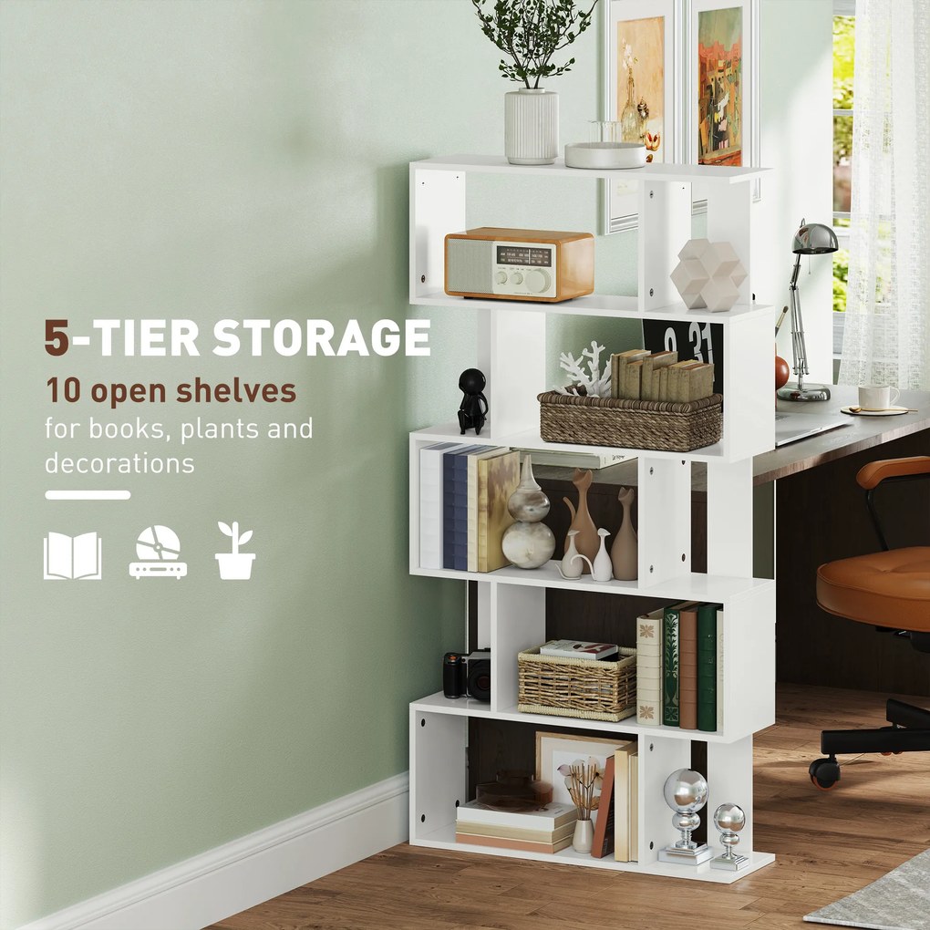 HOMCOM Bibliotecă Asimetrică în Formă de S cu 5 Niveluri și 10 Rafturi Deschise, 80x24x159 cm, Alb | Aosom Romania