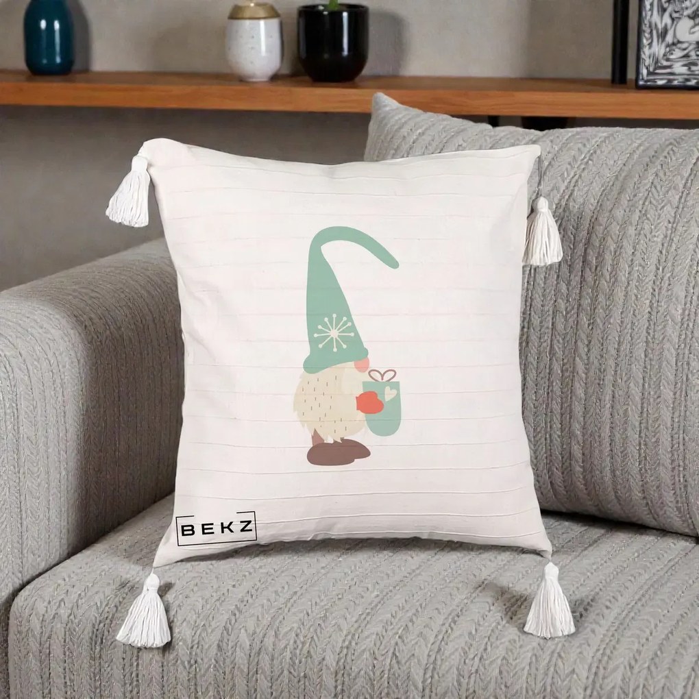 Perna Decorativa Gnom Nordic cu Cana Calda Menta, 40x40 cm, Bej cu Franjuri, Husa Detasabila, Perna Inclusa, BEKZ®