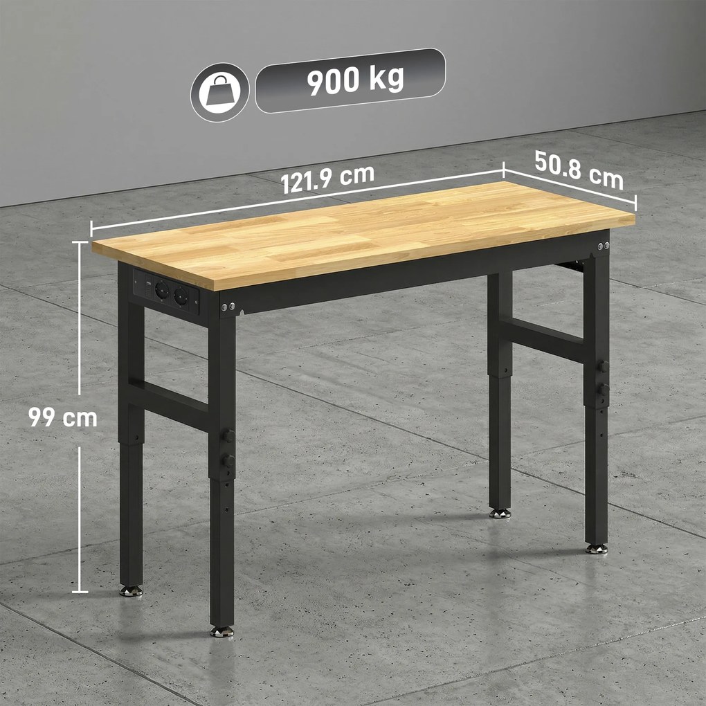HOMCOM Masă de Lucru Reglabilă 122 cm, Blat Robust din Lemn de Cauciuc, 2 Prize AC și 2 Porturi USB, Panou Perforat, Capacitate 900 kg, pentru Garaj, Atelier și Casă | Aosom Romania