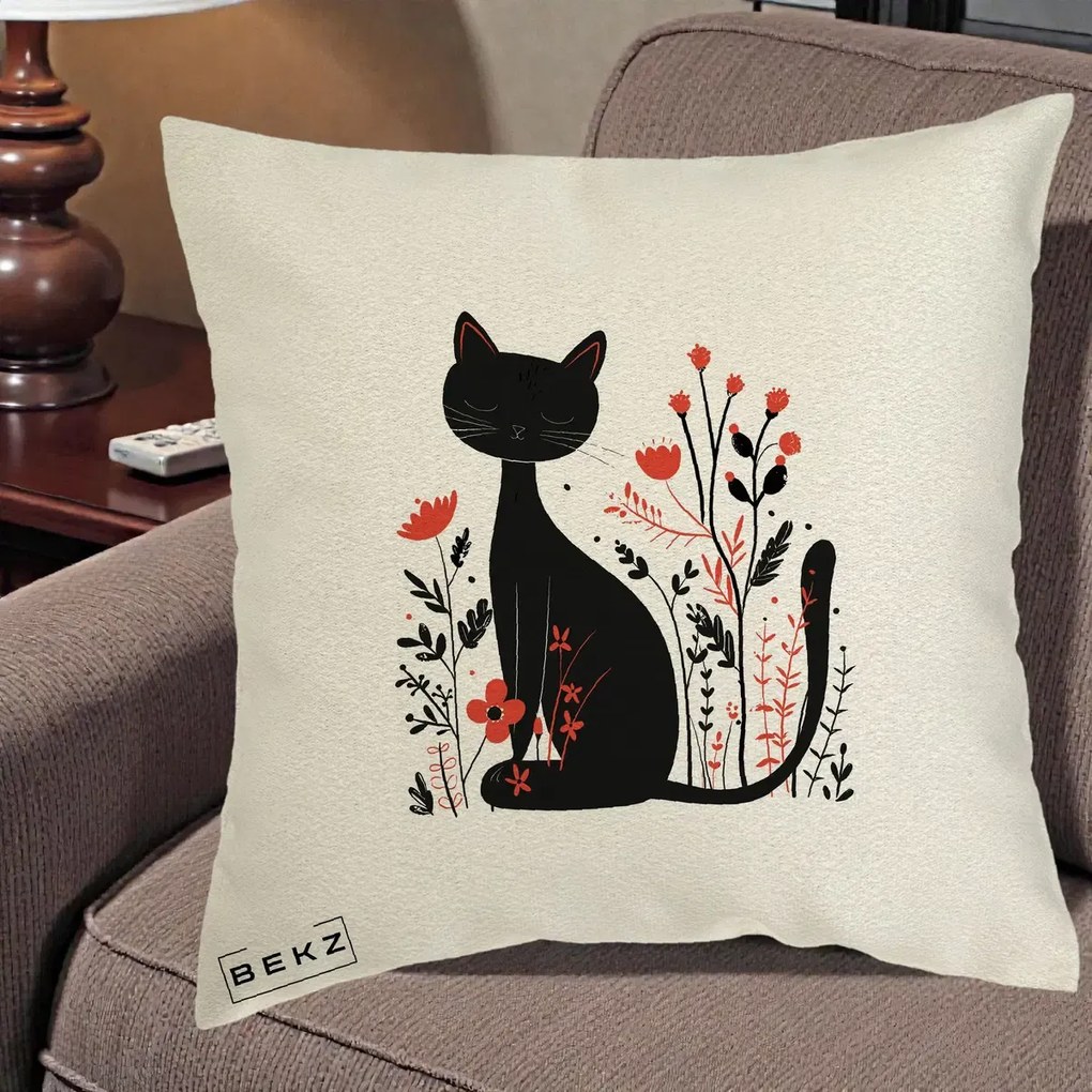 Perna Decorativa Pisica Neagra Flori Rosii Folk Minimal, 40x40 cm, Ecru, Husa Detasabila, Perna Inclusa, BEKZ®