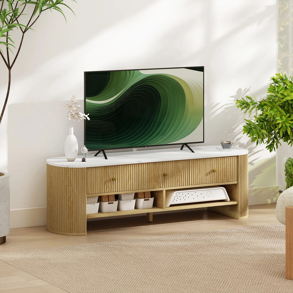 HOMCOM Comodă TV 140 cm, mobilier pentru televizor 165 cm cu aspect de marmură 3 sertare fețe canelate aspect lemn natural | Aosom Romania