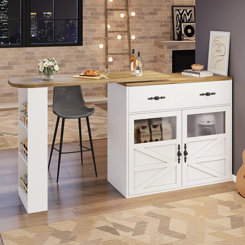 Masă de bar extensibilă cu spațiu de depozitare și funcție de rotire 360°, alb | Aosom Romania