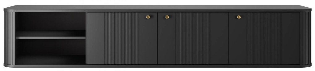 Comodă TV suspendată Vesper 187 cm cu 3 uși - negru / mânere aurii