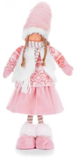 Decoratiune iarna, fata cu caciula si fular in dungi, roz si alb, 22x12x68 cm