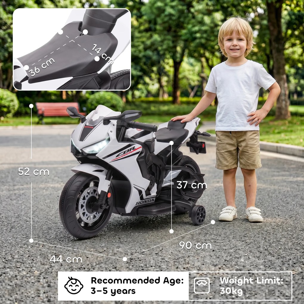 HOMCOM Motocicletă Electrică pentru Copii cu Baterie Reîncărcabilă de 6V, Viteză 3 km/h și Muzică, 90x44x52 cm, Alb | Aosom Romania