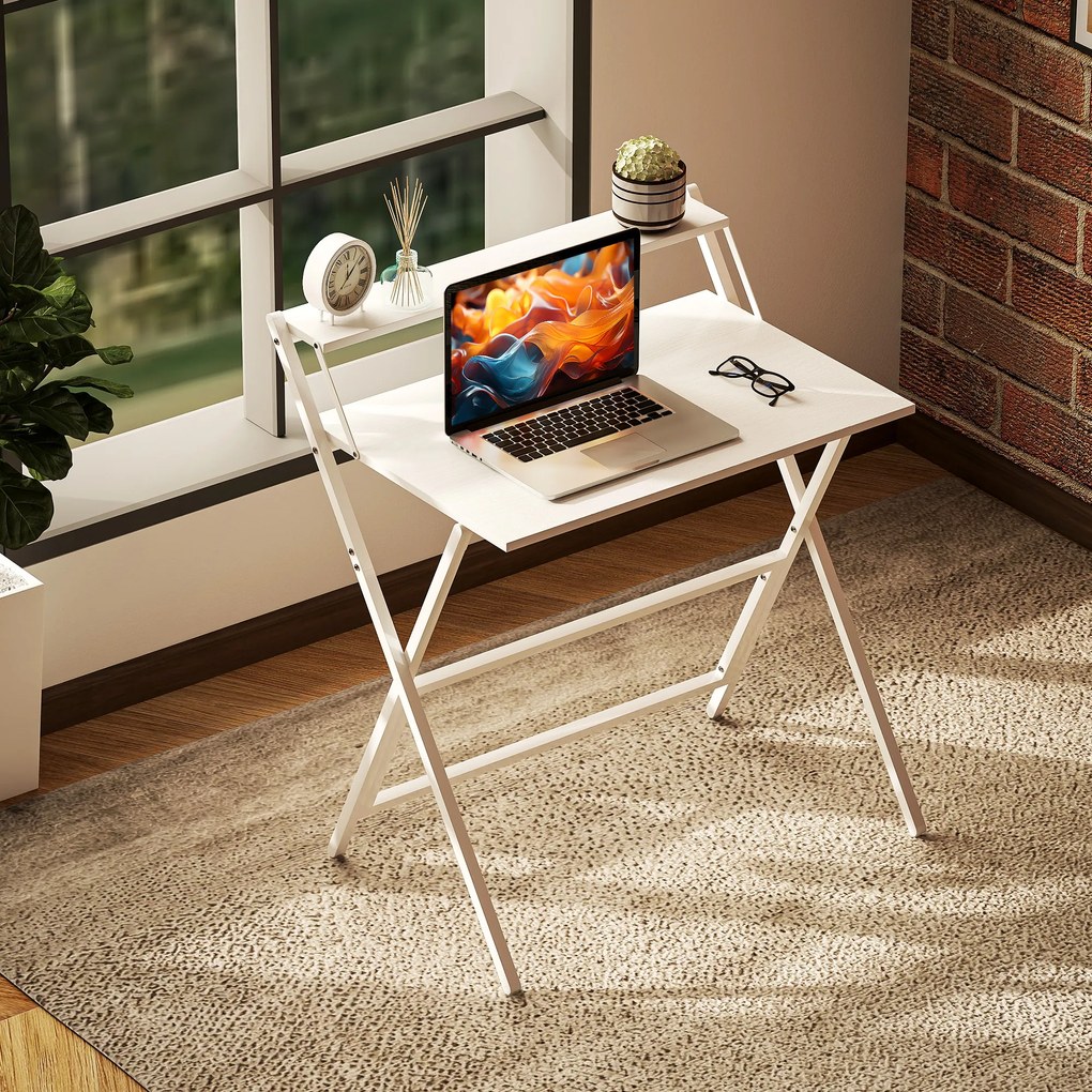 HOMCOM Birou Pliabil cu Poliță pentru Monitor, 81.5x62x86.5 cm Alb | Aosom Romania