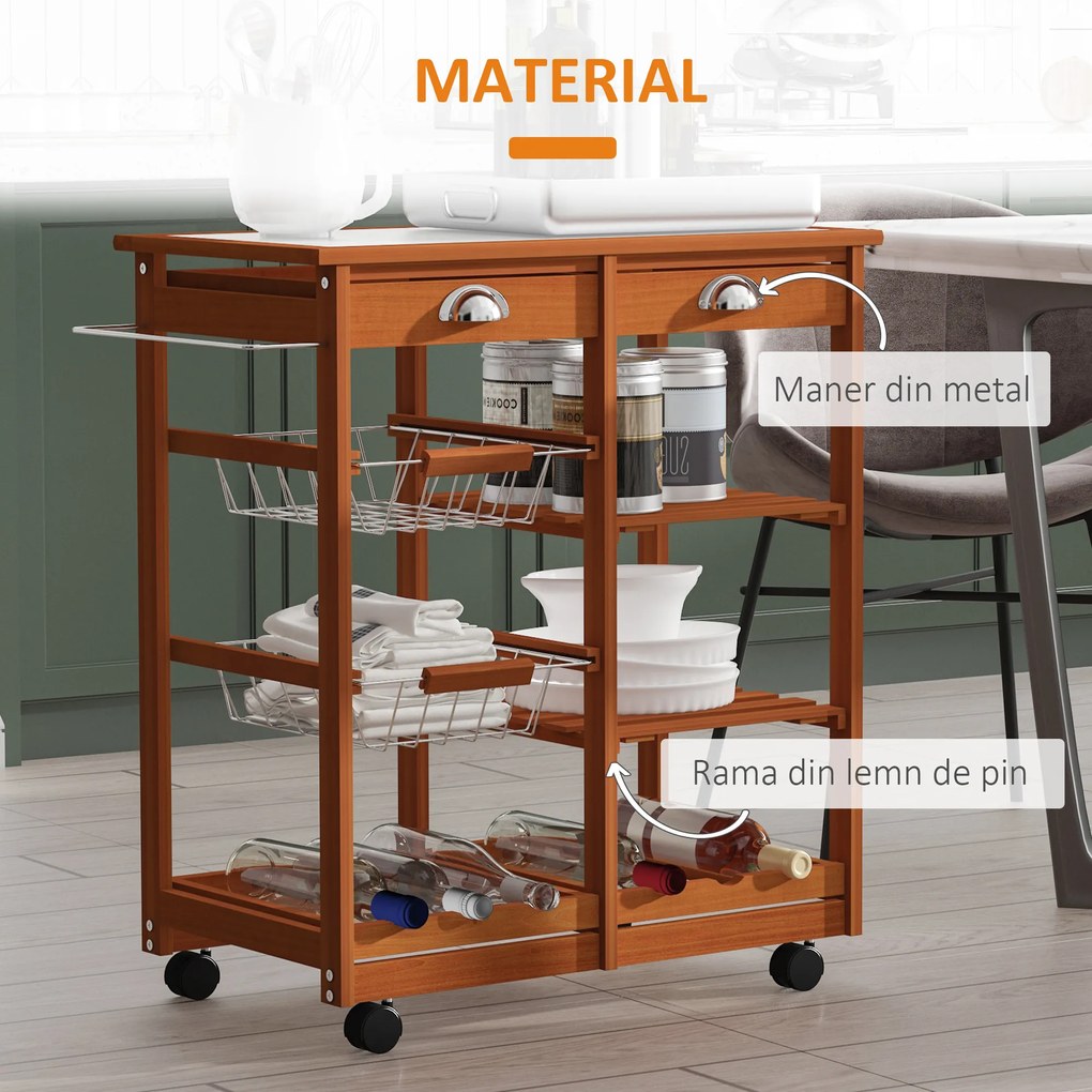 HOMCOM, Carucior bucatarie, dulap cu roti, dulap cu sertare, mobilier pentru bucatarie, maro | Aosom ro