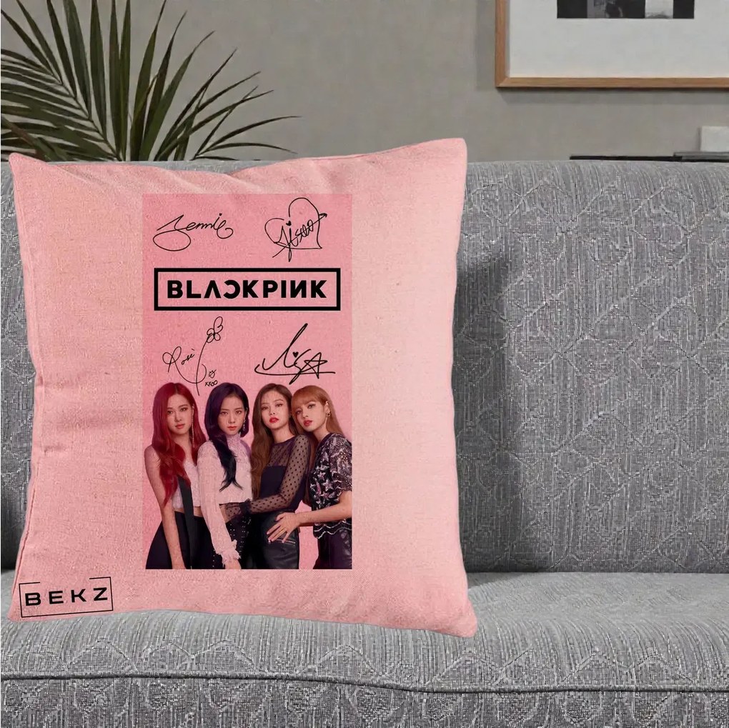 Perna Personalizata K-pop BLACKPINK Semnaturi si Foto, 40x40 cm, Roz, Husa Detasabila, Perna Inclusa, BEKZ®