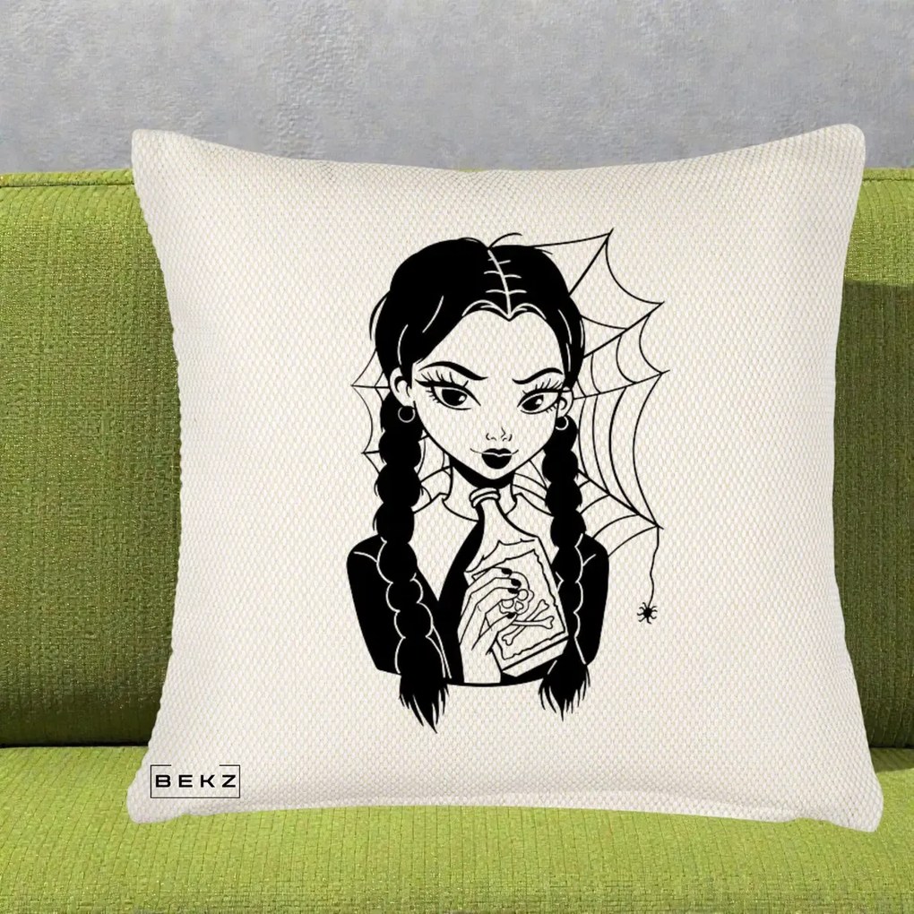 Perna Personalizata Wednesday cu Panza de Paianjen, 40x40 cm, Crem Reliefat, Husa Detasabila, Perna Inclusa, BEKZ®
