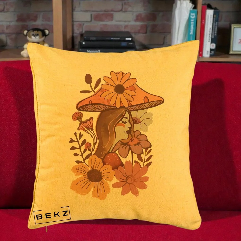 Perna Decorativa Fata Ciuperca Florala Boho, 40x40 cm, Galben, Husa Detasabila, Perna Inclusa, BEKZ®