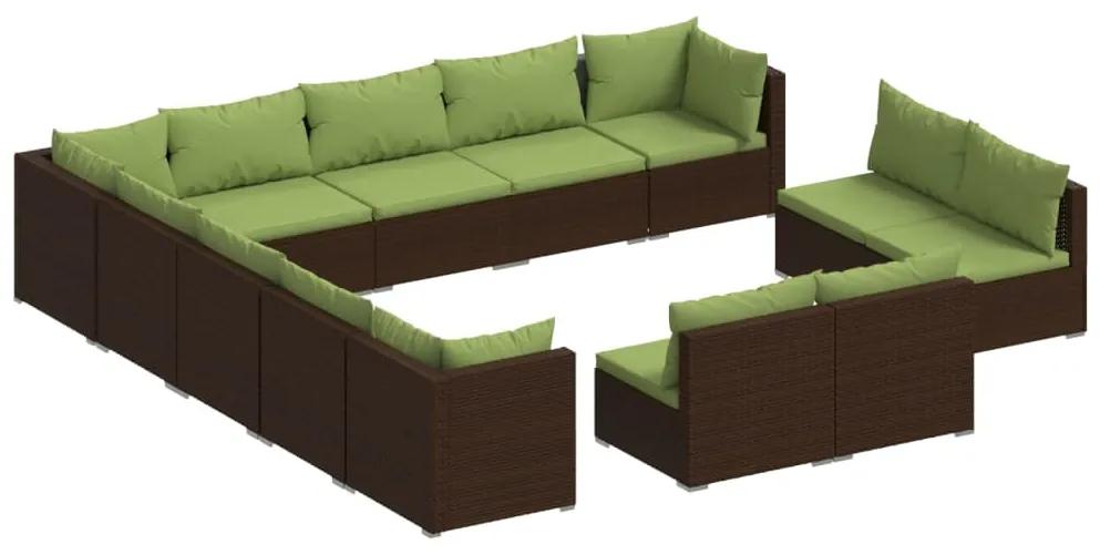 Set mobilier de gradina cu perne, 13 piese, maro, poliratan maro si verde, 3x colt + 10x mijloc, 1