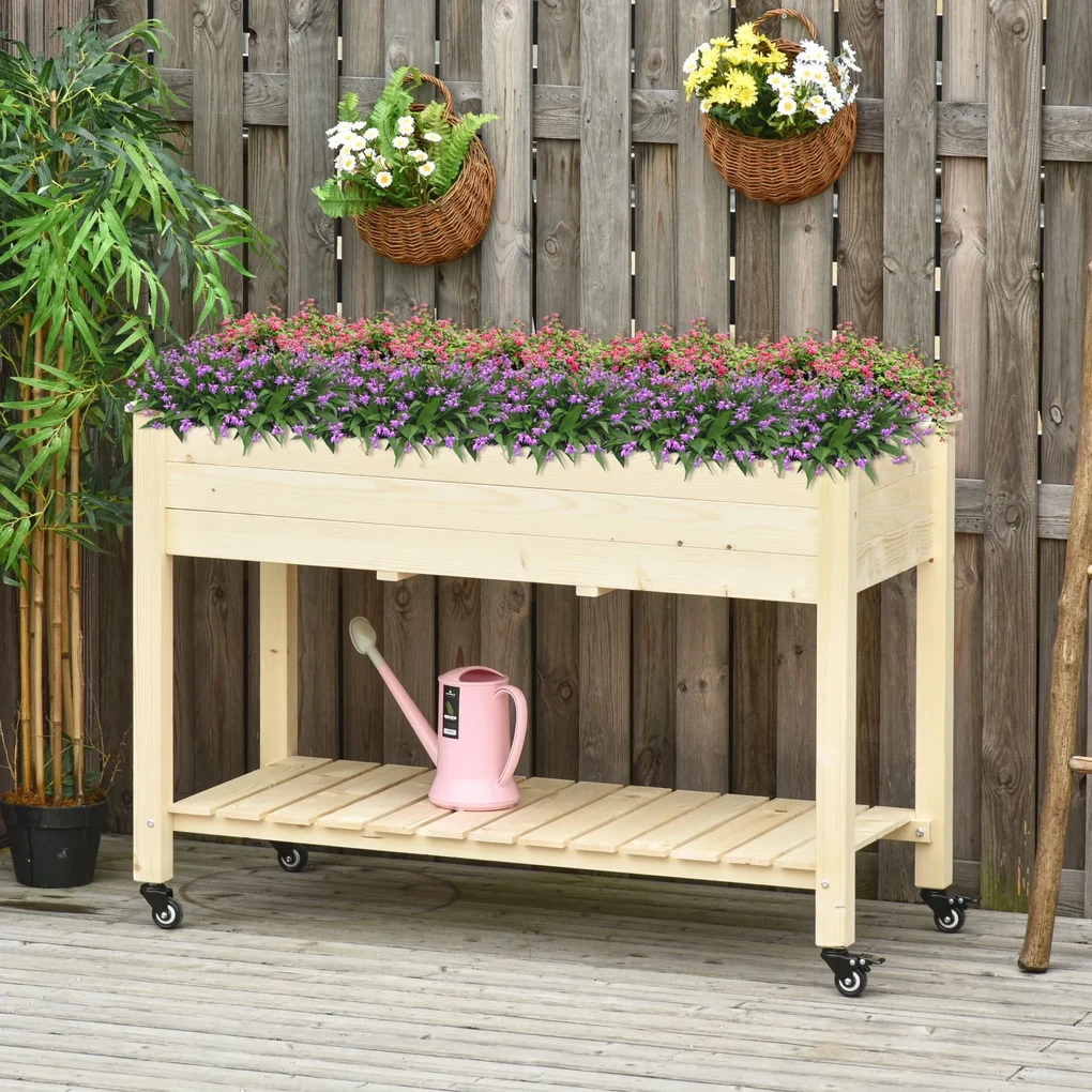 Outsunny Pat Grădină Legume Înălțat Lemn cu Roți, Jardiniera Înălțată cu Raft Inferior, 118x55x83cm, Natural | Aosom Romania