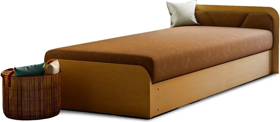 Pat galben ocru/maro tapițat/din placă aglomerată de lemn cu spațiu de depozitare cu saltea 80x190 cm Parys – ELTAP