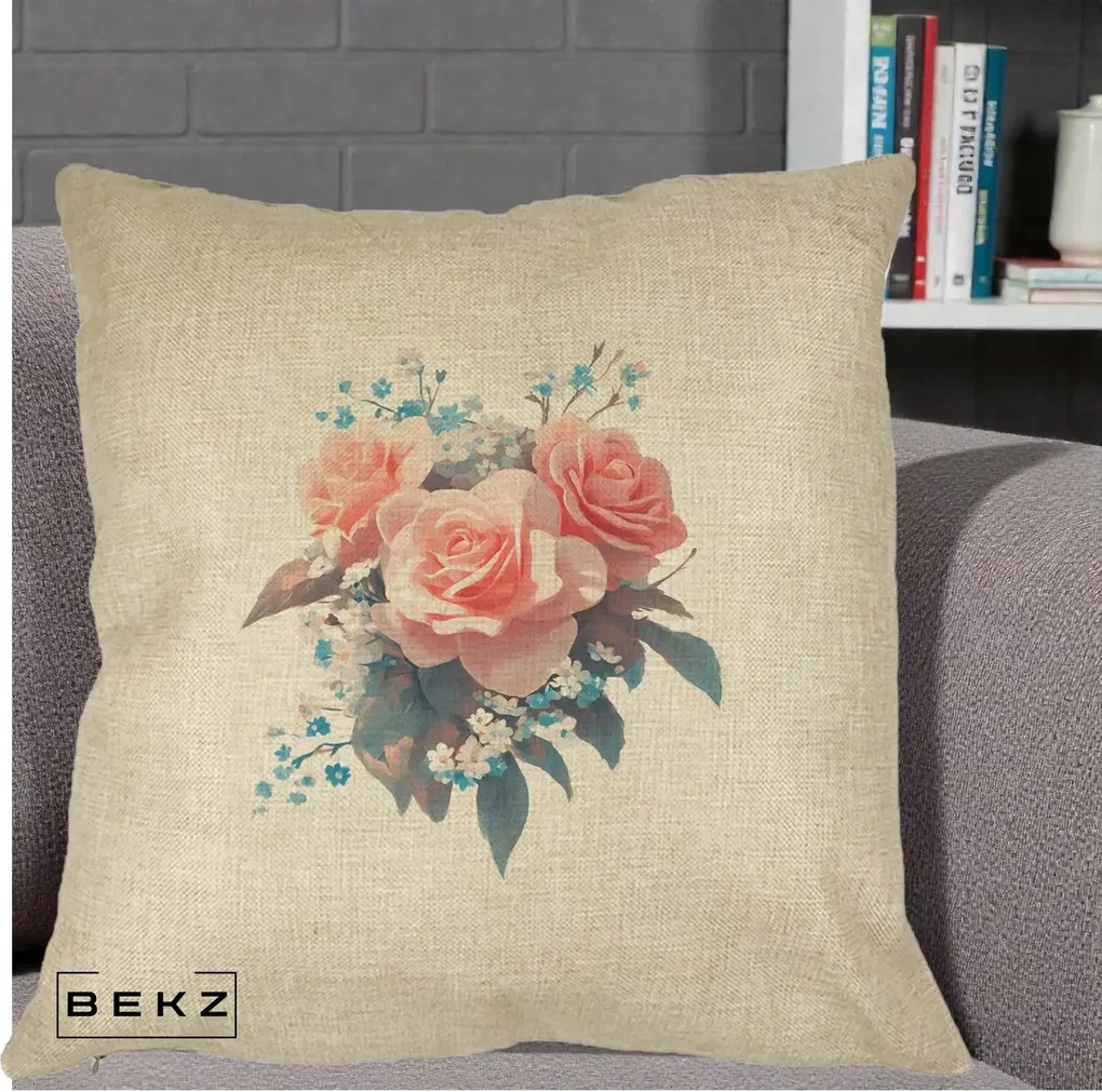Perna Decorativa Trandafiri Roz cu Floricele Albastre, 40x40 cm, Crem, Husa Detasabila, Perna Inclusa, BEKZ®