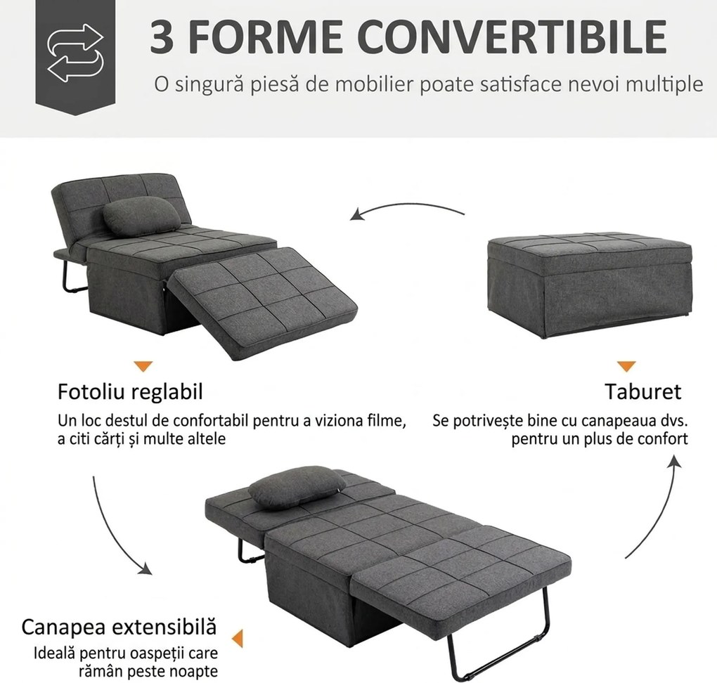 HOMCOM Canapea extensibilă cu Spătar Reglabil pe 5 Nivele și Pernă Suplimentară, 95x179x78 cm, Gri | Aosom Romania