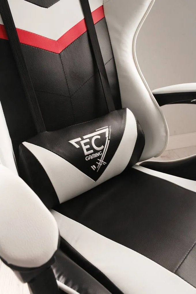 JAKS PREMIUM SCAUN GAMING REGLABIL ECO - PIELE NEGRU-ALB + PERNĂ DE MASAJ