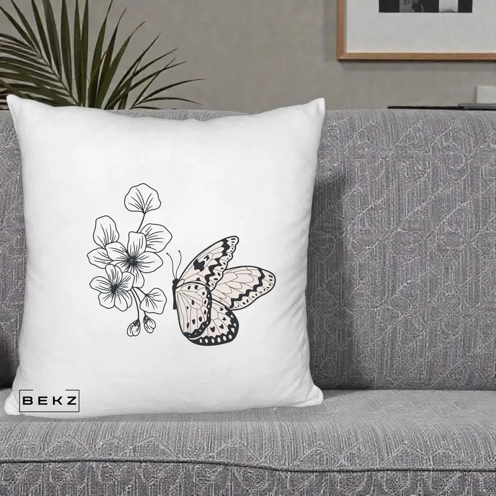 Perna Decorativa Fluture si Flori Linie Monocroma, 40x40 cm, Alb Pufos, Husa Detasabila, Perna Inclusa, BEKZ®