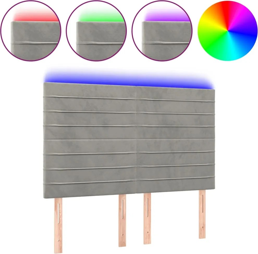 vidaXL Tăblie de pat cu LED, gri deschis, 144x5x118/128 cm, catifea