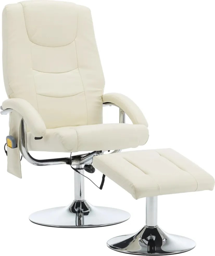 vidaXL Fotoliu de masaj rabatabil cu taburet, alb crem piele ecologică