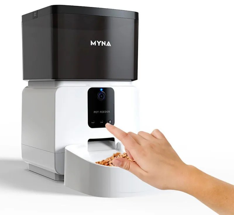 Dozator automat SMART granule pentru caini si pisici MYNA, 5 l, Camera, Aplicatie Wi-Fi, Blocare buton, Mancare uscata, Alb/Negru
