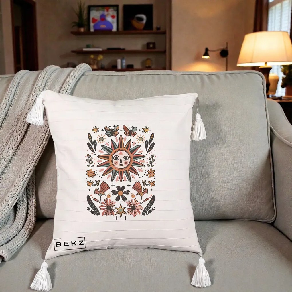 Perna Decorativa Soare Boho Folk Fluturi, 40x40 cm, Bej cu Franjuri, Husa Detasabila, Perna Inclusa, BEKZ®