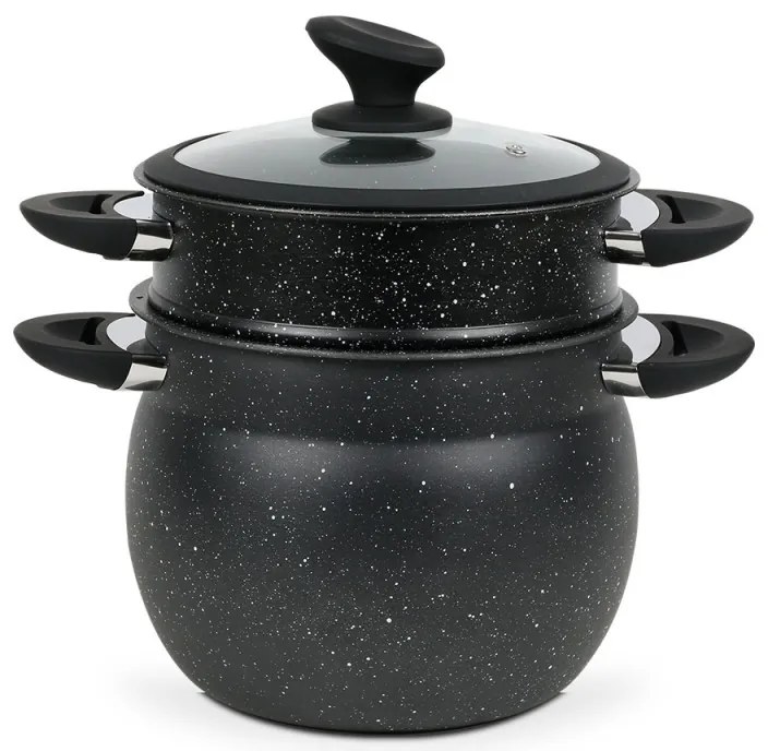 Oala pentru gatit la aburi Royalty Line RL-CP6LM, 20 cm, 6 litri, 3 piese, Finisaj marmura, Inductie, Negru
