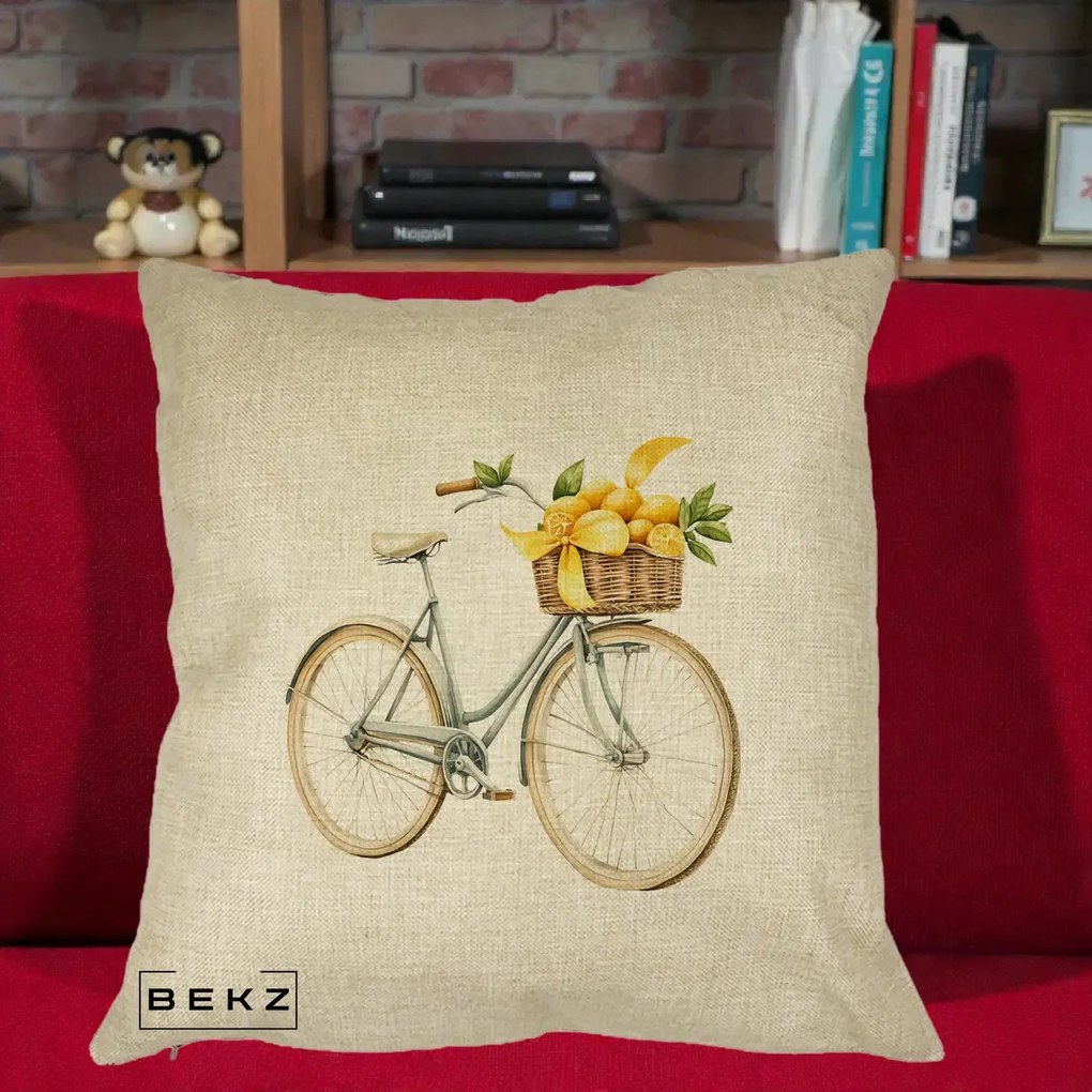 Perna Decorativa Bicicleta cu Cos de Lamai Mediteranean, 40x40 cm, Crem, Husa Detasabila, Perna Inclusa, BEKZ®