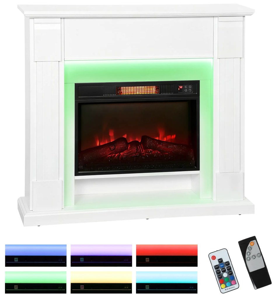 HOMCOM Șemineu Electric Empotrable cu Efect de Flacără 3D Bandă LED RGB 1800W Temporizator Termostat Alb | Aosom Romania