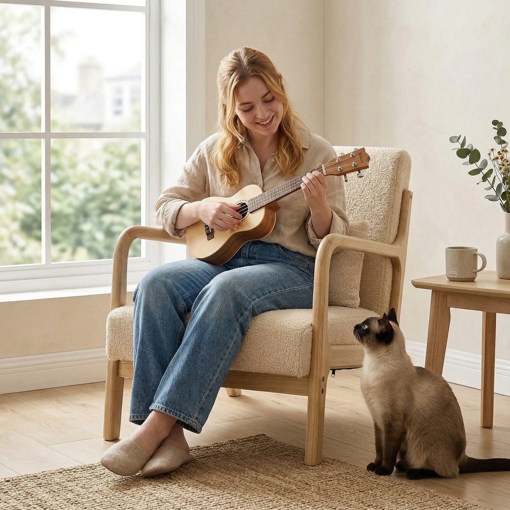 HOMCOM Fotoliu lounge - 3 perne incluse - șezut adânc - cotiere - structură lemn hévéa - aspect catifea bej | Aosom Romania