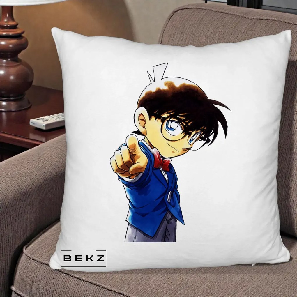 Perna Personalizata Detective Conan Conan Arata, 40x40 cm, Alb Pufos, Husa Detasabila, Perna Inclusa, BEKZ®