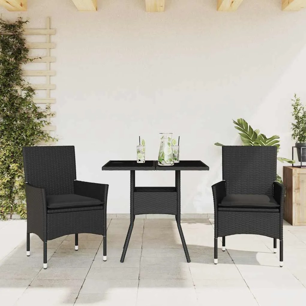 vidaXL Set mobilier de grădină cu perne 3 piese negru poliratan&amp;sticlă