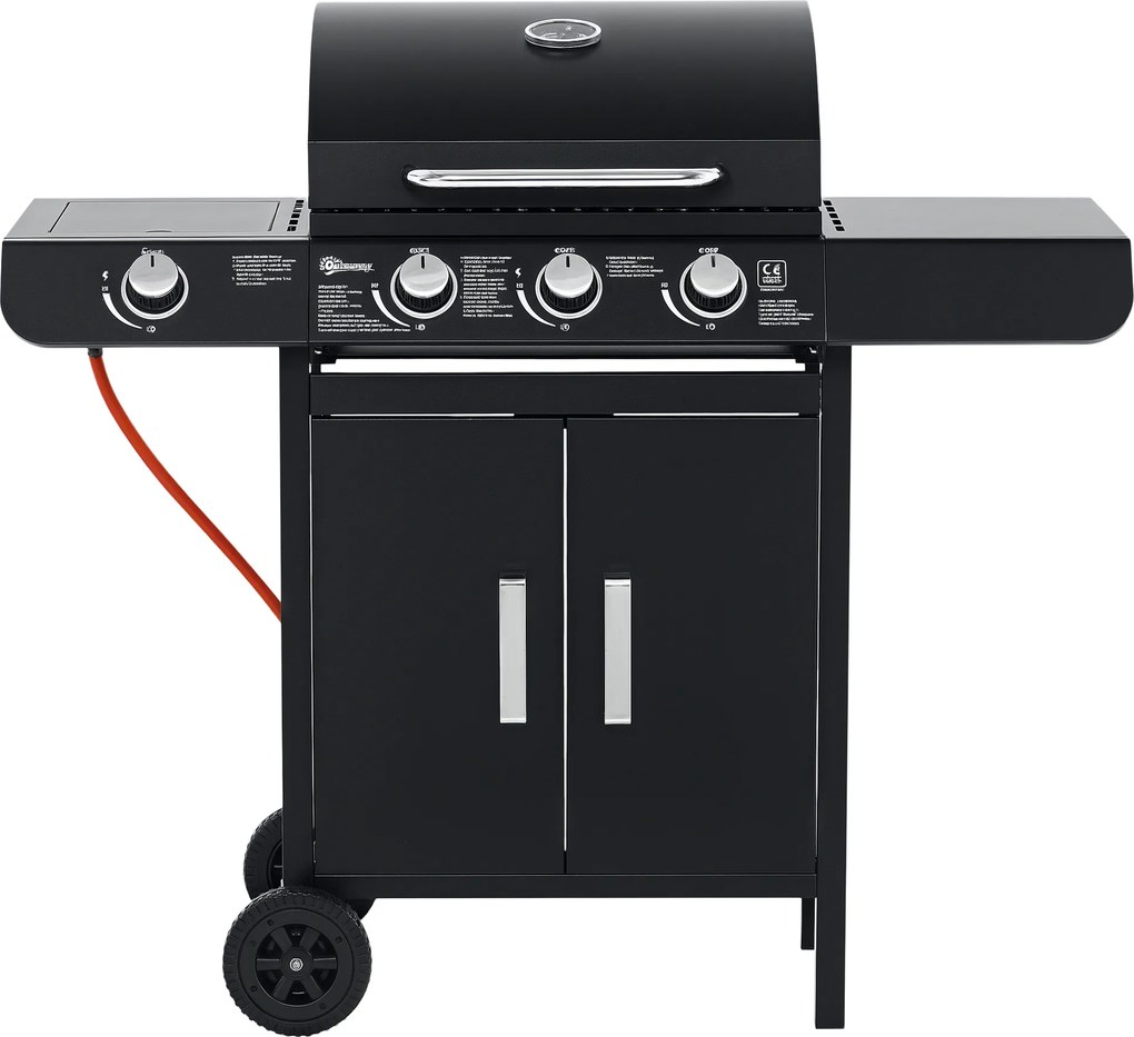 Outsunny Grătar pe gaz cu 3 arzătoare principale + 1 arzător lateral, raft, oțel inoxidabil, negru, 110 x 50 x 100 cm | Aosom Romania