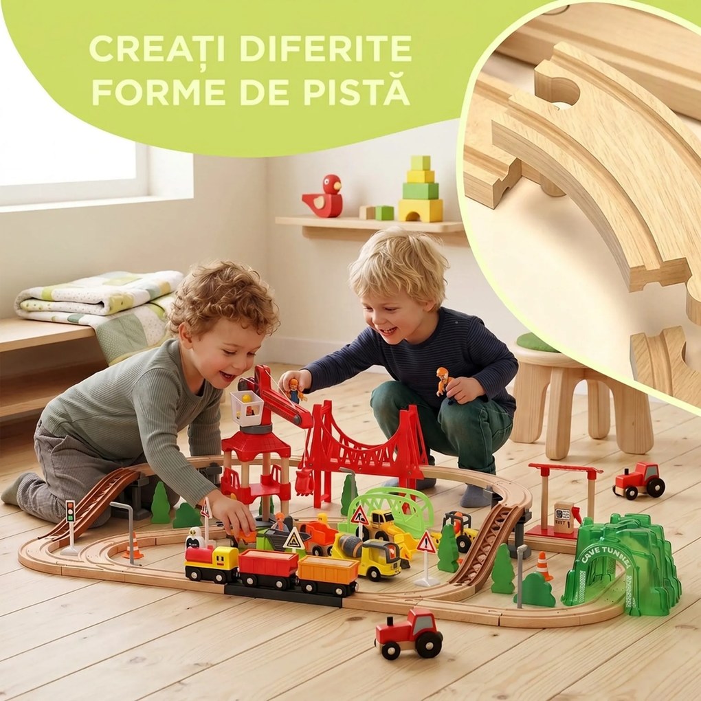AIYAPLAY Trenuleț din lemn pentru copii 3+ ani, 91 piese, cu macara, șine, vehicule și figurine, multicolor | Aosom Romania