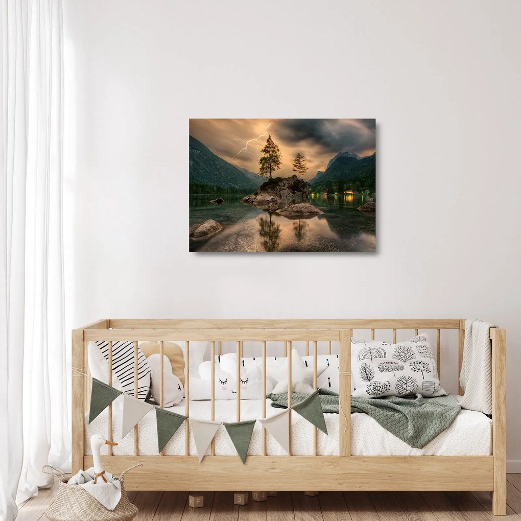 Tablou pe sticlă - lacul în munți (70x50 cm)