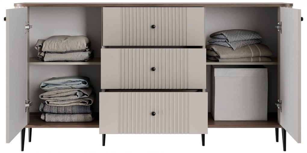 Comodă cu sertare pe picioare Vesper 160 cm - cașmir / nuc / picioare negre