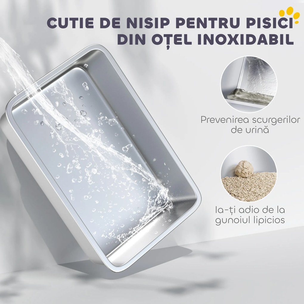 PawHut Litieră pentru pisici închisă cu tavă din oțel, lopățică și pungi filtrante, din PP, 40.5x60.5x41.5 cm | Aosom Romania