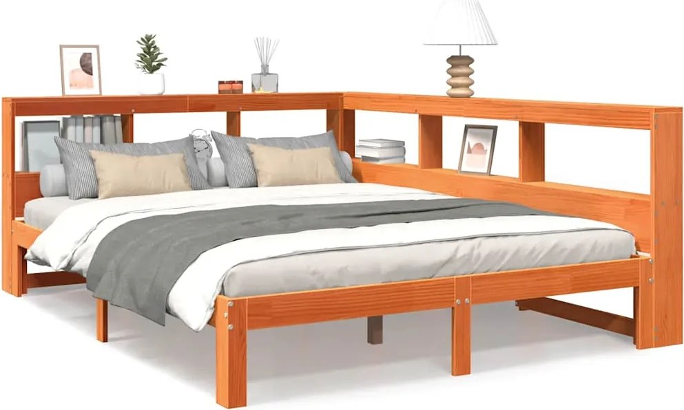 vidaXL Pat cu bibliotecă fără saltea maro 135x190 cm lemn masiv de pin