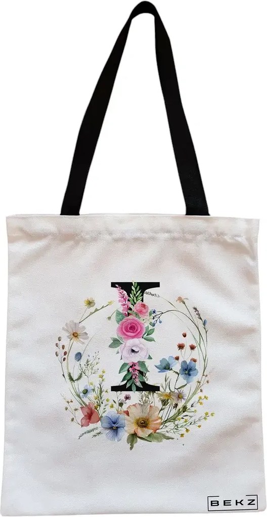 Sacosa de Panza pentru Cumparaturi, Geanta Tote, Cu litera I in Coronita Florala, Cu fermoar, 38x34.5 cm, Alba, BEKZ®