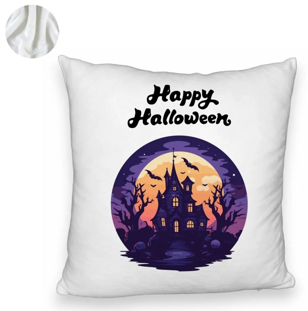 Perna Decorativa Fluffy cu motiv de Halloween si Text, 40x40 cm, Alba, Husa Detasabila, Burduf