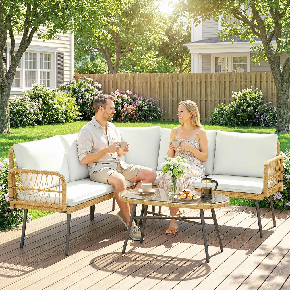 Outsunny Set Mobilier Grădină din Ratan, 4 Piese în Formă de L, cu 2 Canapele, Colțar, Măsuță de Cafea și Perne, Cadru din Oțel, pentru Balcon sau Terasă, Natural/Crem | Aosom Romania