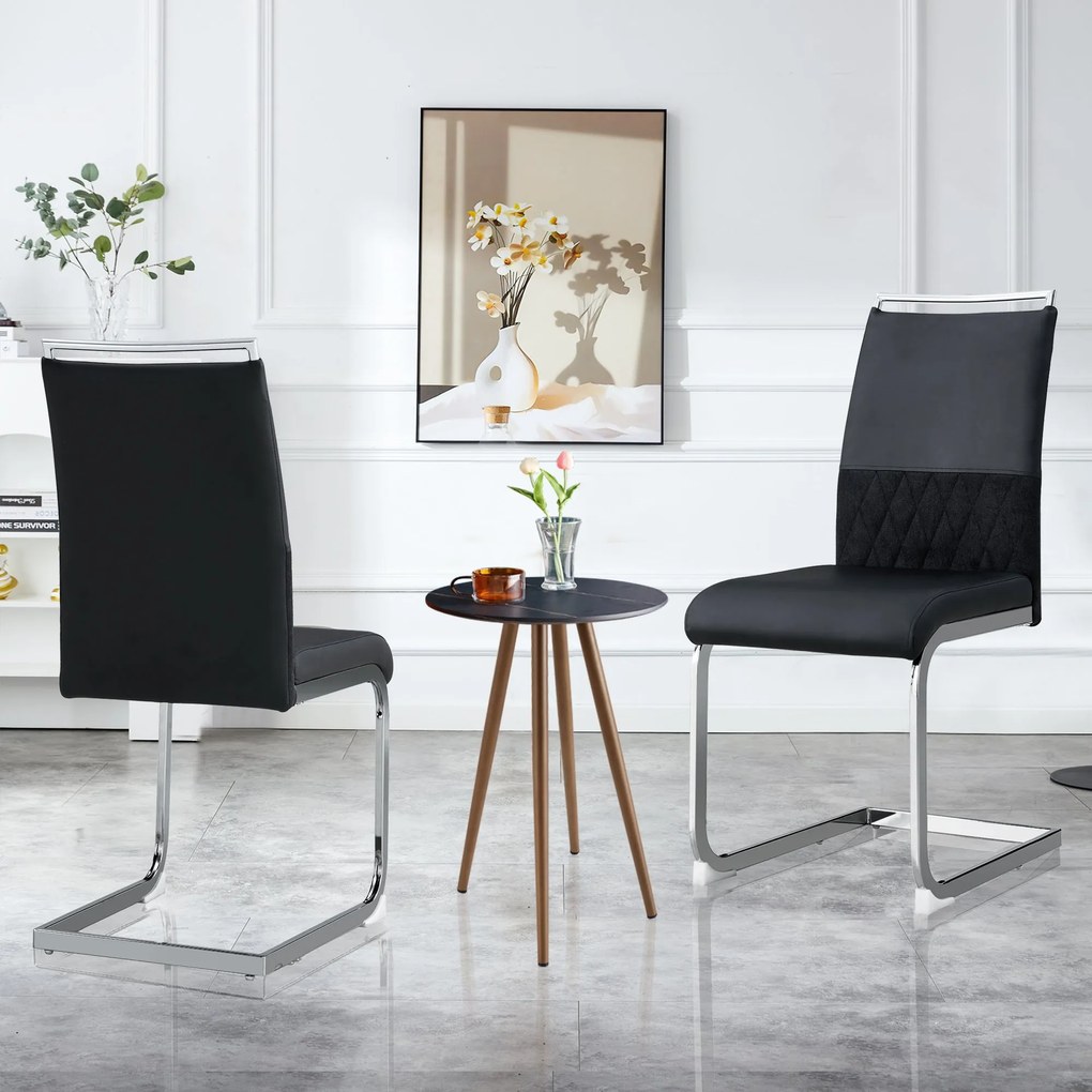 Set de 2 Scaune moderne pentru sufragerie, cu spătar înalt, din PU și material textil, pentru Bucătărie și birou, Negru