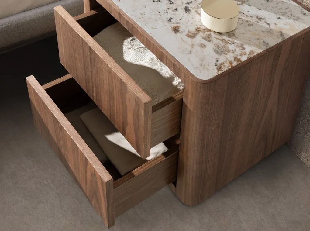 Noptiera din furnir de nuc cu blat marmura portelanata Walnut