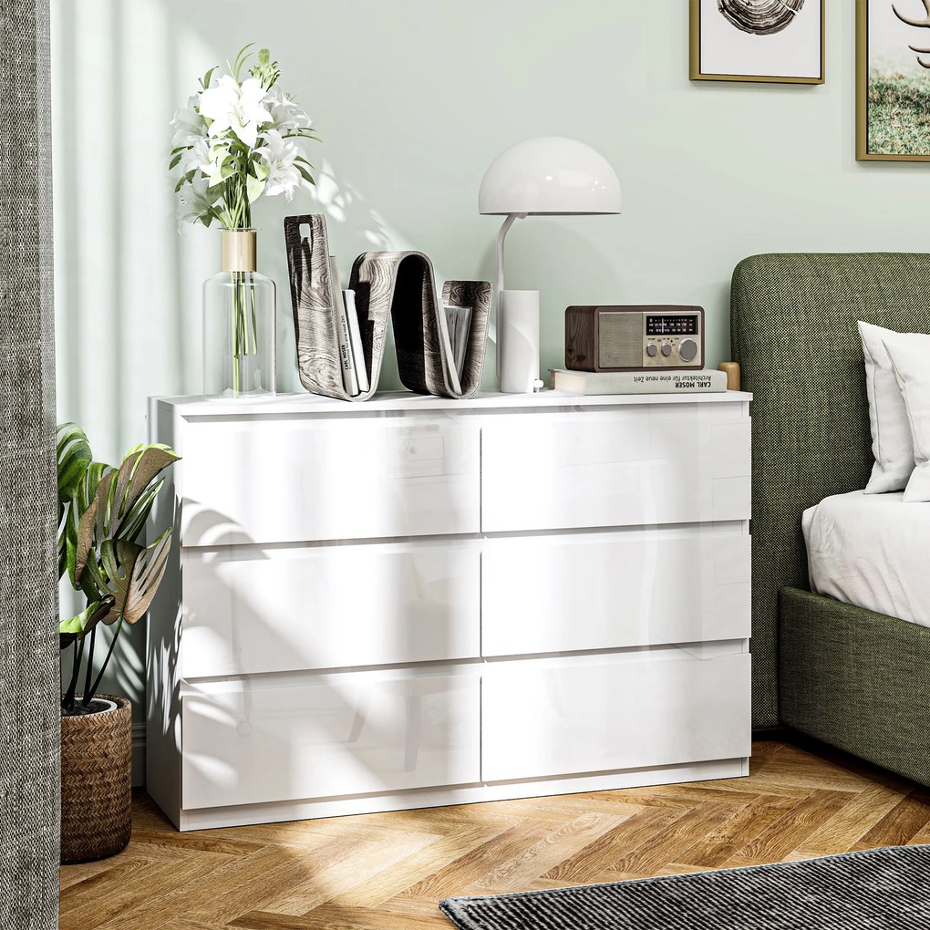 HOMCOM Comodă cu 6 Sertare din PAL, pentru Dormitor, Design Modern și Multifuncțional, 112x34x75 cm, Alb | Aosom Romania