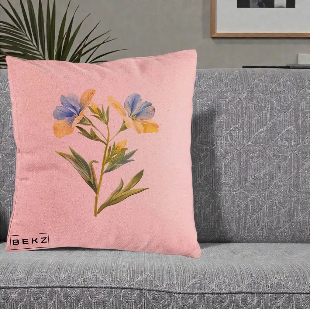 Perna Decorativa Botanica Frezie Galbena si Albastra, 40x40 cm, Roz, Husa Detasabila, Perna Inclusa, BEKZ®