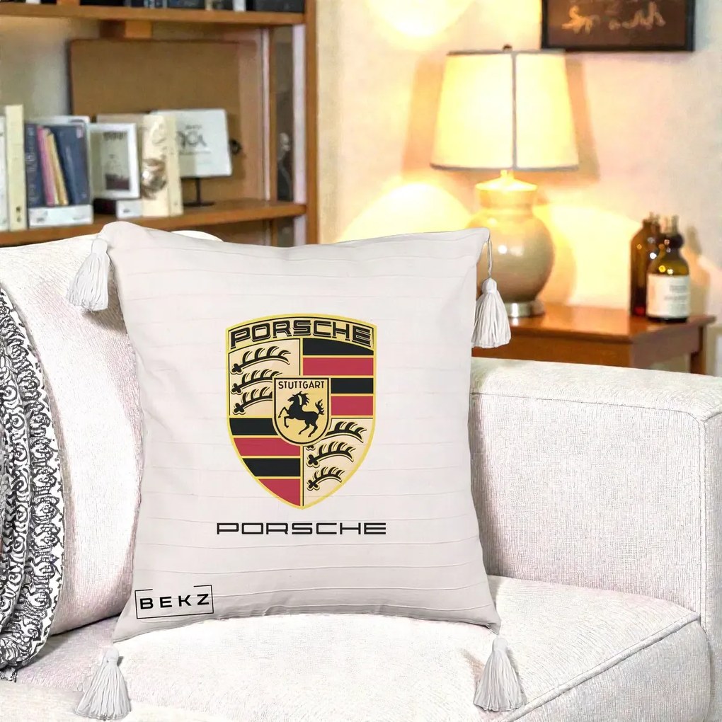 Perna Personalizata Porsche Stuttgart, 40x40 cm, Bej cu Franjuri, Husa Detasabila, Perna Inclusa, BEKZ®