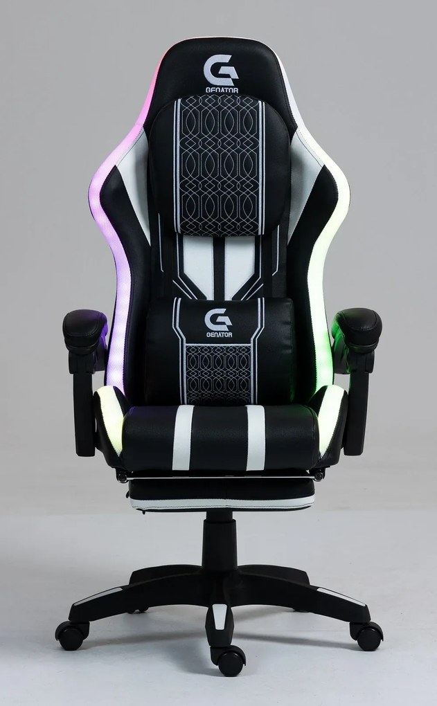 RESIGILAT- Scaun gaming HOFRE, boxe Bluetooth, sistem iluminare bandă LED RGB, masaj în perna lombară, suport picioare, PU, Negru/Alb