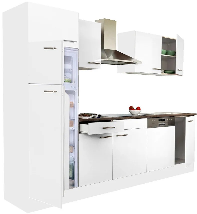 Mobilă de bucătărie Yorki 280, corp alb, față alb satinat, frigider cu congelator superior